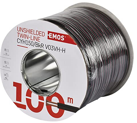EMOS S8290 Kupferkabel 2 x 1,5 mm2, 100 Meter Zweidrahtleitung aus reinem Kupfer für Niederspannung, schwarz mit Polaritätskennzeichnung