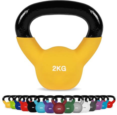 MSPORTS Kettlebell professionell neopren 2 – 30 kg inklusive plansch med kettlebell-övningar 2 kg - gul