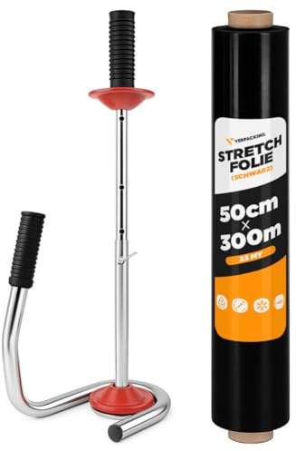 verpacking Stretchfolie 23 my Schwarz 50 cm x 300 m reißfeste Umzugsfolie Folie für Möbel Wickelfolie Palettenfolie Packfolie (6 Rollen + 1 Profi-Abroller)
