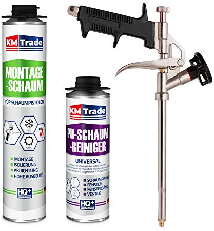 KM Trade Bauschaum-Set - Inkl. 1x 1K Montageschaum (je 750 ml), 1x Schaum-Pistole & 1x PU-Schaum-Reiniger (500 ml)