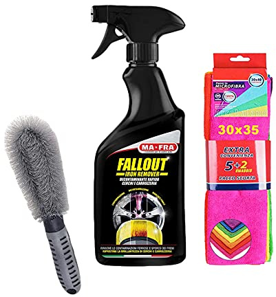 YESHI Ma-fra Kit Trattamento Auto Interno ed Esterno: Fallout Decontaminante Rapido Cerchi e Carrozzeria - Spazzola pulisci Cerchioni - 7 Panni Microfibra 30x35 cm