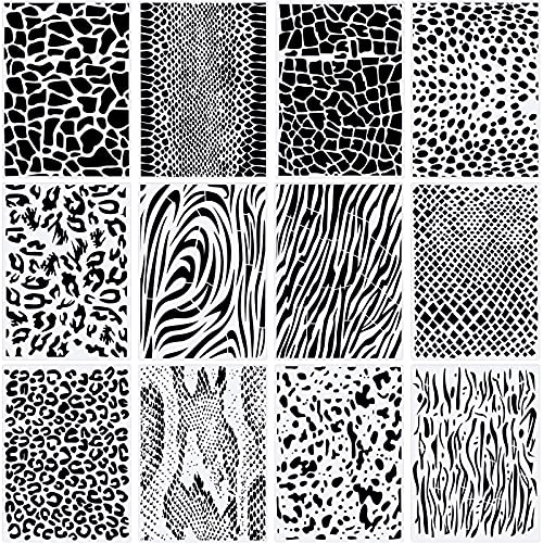 12 plantillas de leopardo con estampado de leopardo y guepardo, plantillas de impresión de animales, plantillas reutilizables de plástico con estampado de leopardo, plantilla de rayas para pintar
