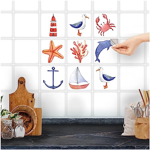 FoLIESEN - Weiße Fliesenaufkleber Nautic für Bad, Küche, Badezimmer - Fliesen-Folie selbstklebend - 9 Klebefliesen, .:15x20 cm - Weiß matt