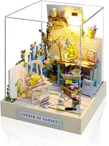 Cuteefun DIY Puppenhaus Miniatur für Staubschutzhaube, Anfänger zum Bauen | Miniatur Puppenhaus zum Selber Bauen, Minaturen Häuser Kit mit Werkzeugen, Bastelset Häuschen Holz (Ecke des Gartens)