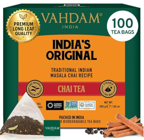 VAHDAM, Original Masala Thé Chai (100 Sachets De Thé Pyramid) 100% Pur Et Naturel | Épices 100% Authentiques Et Naturelles - Cardamome, Cannelle, Poivre Noir, Clous De Girofle | Thé Chai Latte
