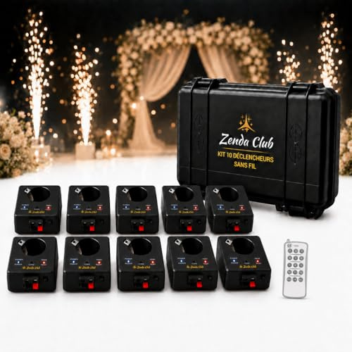 Juego de 10 disparadores, kit de tiro para chorros de escena, sistema de tiro de etapas fuentes frías, máquina de encendido de fuegos artificiales frío + mandos inalámbricos Zenda Club®