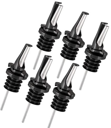 Poura 3-in-1 Liquor Pour Spout with BPA-Free Natural Rubber and Built-In Fruit Fly Protection – Hygienic Dishwasher Safe Alcohol Speed Spouts – Also for Olive Oil, Juice, Syrup – Black 6 Pack