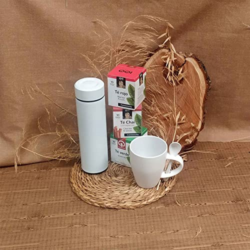 Lote regalo para té con termo, taza y tés. La idea de un regalo original para hombres y mujeres en este pack para regalar en cumpleaños, día de la medre o día del padre