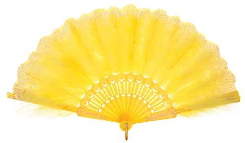 MWOOT Marabou Federfächer, 1920er Jahre Vintage Faltbar Handheld Handfächer, 20er Jahre Gestickte Blume Folding Feather Fan für Hochzeit Halloween Tanzen Show Tee Party Kostüm Dekoration - Gelb