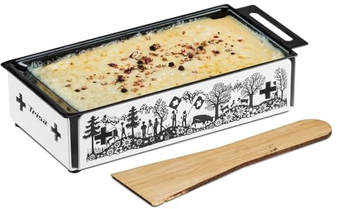 Trisa Kitchenette Raclette Set Kerzen Swiss Design Pfännchen stapelbar | 4 Rechaud-Kerzen, Swiss Scherenschnitt, Pfännchen inkl., Spachtel, kompakt stapelbar, stromlos, Geschenkidee