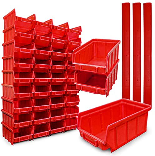 80x Stapelboxen Rot Größe 2 Werkstatt Garage rote Sichtlagerboxen (LxBxH) 175x103x76mm 80 Boxen + 16 Wandschienen Wandbefestigung Lagerboxen Sichtlagerkästen Stapelbox PP