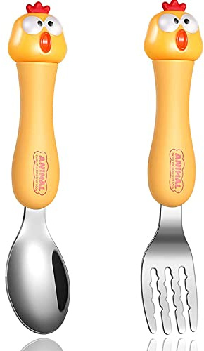 Baby Besteck, Witbicg Baby Besteckset Lernlöffel Kinderbesteck Besteck Baby Löffel Selber Essen, Kinder Löffel Und Gabeln Selbsternährend, Niedlicher Cartoon-Griff Löffel Selber Essen (Gelb)