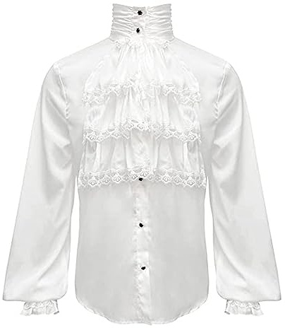 Duohropke Camicia da uomo a maniche lunghe da pirata gotica Steampunk con volant, top blusa cosplay vittoriano, costume rinascimentale, bianco, S