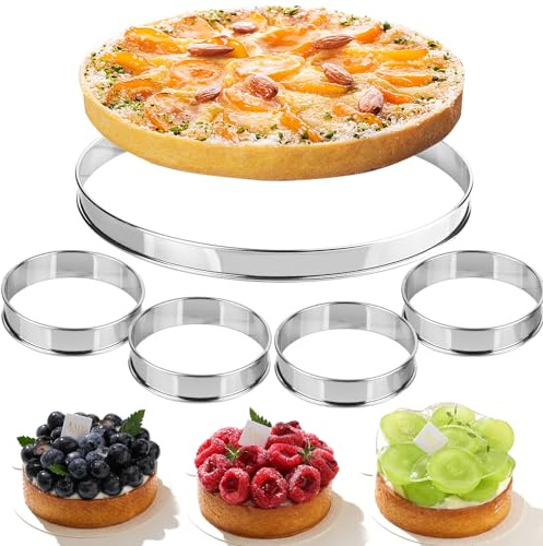 Guowall Cercle à Tarte INOX, Cercles à pâtisseries Rond en INOX à Bord roulé, Hauteur 2,5 cm (Diamètre 28 cm*1Pcs, Diamètre 10 cm*4Pcs)