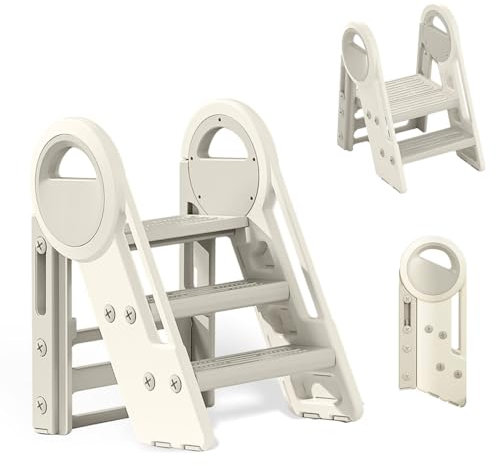 Tritthocker für Kinder, 2 Stufen-3 Stufen Höhenverstellbar Trittschemel Faltbar für Bad, Kleinkinderzimmer, Küche (Grau+Weiß)
