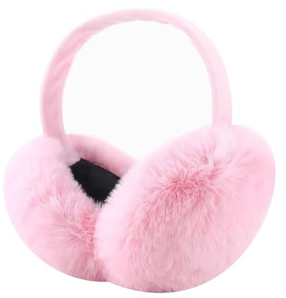HugeDE Faux Fur Ear Warmers - Foldable Winter Muffs for Women, Fuzzy Fluffy Covers, Cute Slouchy Headband in Pink