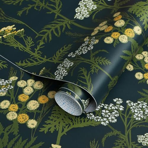 Fiula Selbstklebende Tapete Klebefolie Möbel 41CMx3M Möbelfolie Selbstklebend Blumentapete Dunkelblau Gelb Blumen Grün Blätter Wasserdicht Vinyl Wrap Wohnzimmer Schlafzimmer Wallpaper