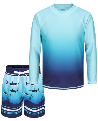 Maillot de Bain 2 Pièces Garcon - Tshirt UV Enfant à Manches Longues Haut de Protection Anti UV avec Short pour Surf Natation Piscine Plage 5-16 Ans