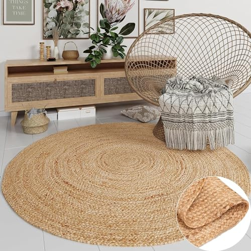 MY-RUG Großer handgewebter Jute Teppich 200 cm - Rund, Natur, robust und handgemacht, Juteteppich im Boho Style, für das Esszimmer, Handarbeit, umweltfreundlich und nachhaltig Nitin