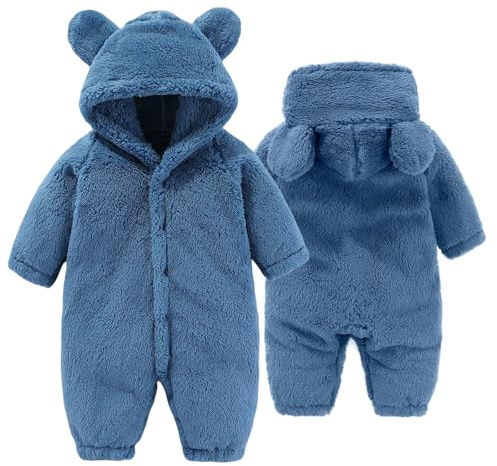 Yaopelky Newborn Baby Bear Snowsuit Infant Fleece Romper Baby Hooded Jumpsuit Winter Warm Outwear for Girls Boys 0-12M (Blue, 0-3 Months)