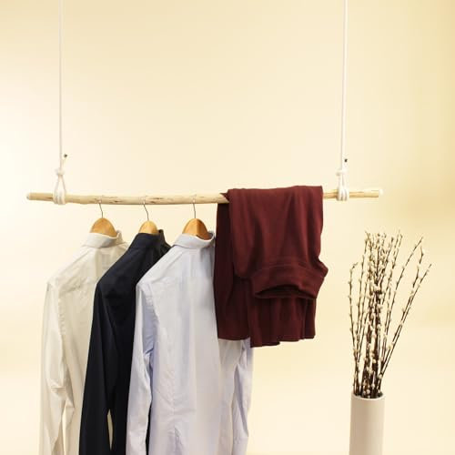 herbeschick.® Hängegarderobe Naturbursche | geschälter Naturstock | weißes Baumwollseil | verschiedene Größen | Made in Germany (Goldene Beschläge, 40 cm Seil; 70 cm Stock)