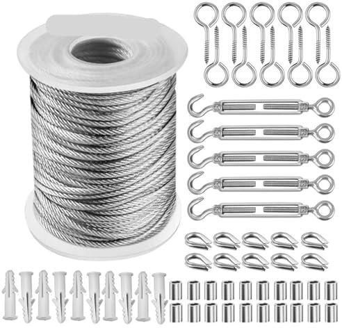 Drahtseil 50 Meter 2 mm Kit Stahl PVC beschichtetes flexibles Drahtseil Weiches Kabel Transparenter Edelstahl Wäscheleine Haken Schrauben Korbbolzen