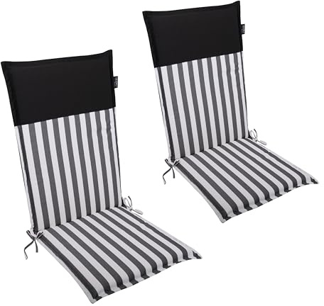 LILENO HOME Gartenstuhl Auflagen als [2er Set - Hochlehner] in Streifen | Schwarz - Uni Schwarz - bequeme Liegen als Sitzauflagen für Gartenmöbel - Stuhlkissen für Gartenstühle MALT