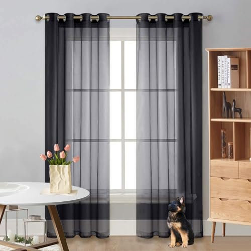 Voile Scheibengardine 250 x 80 cm Polyester, mit Ösen Transparent Querbehang Gardine Durchsichtig Tüllstoff für Wohnzimmer Landhaus Kleine Fenster, Schwarz