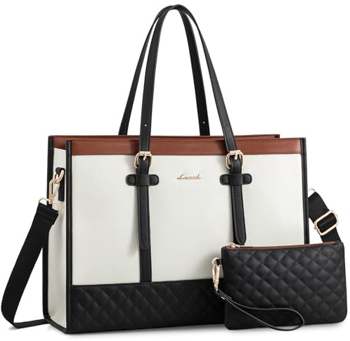LOVEVOOK 15.6 Inch Laptop Bags for Women with Leather & Canvas, Ladies Handbags for Work Business, Womens Large Tote Bag, Handbag & Shoulder Bag with Clutch for Office College