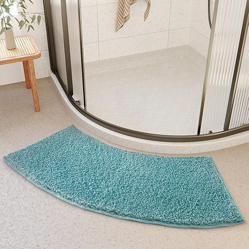 OUGPIU Badematte Runddusche,40X100cm Mikrofaser Duschmatte Halbrund,Zottelige Duschmatte Viertelkreis rutschfeste Hochflor Gebogen Badezimmermatten,Waschbarer Badematte für Eckdusche