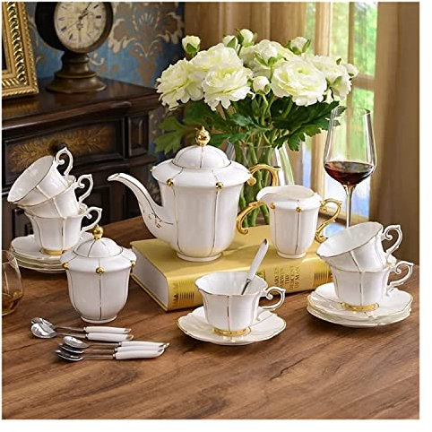 OOMRNV Juego de café de Porcelana China Trace Gold Juego de té Tetera de Porcelana China Tazas de té Platillos Lecheras Azucareros Tazas y platillos Té de la Tarde inglés
