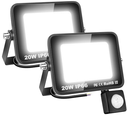 SKYWORLD 20W Faretto LED da Esterno con Sensore di Movimento,IP66 Impermeabile Faretto Led Esterno 2 pezzi,Bianco Caldo Faretti LED Esterno per Giardino Garage Strada Patio Terrazza Cortile