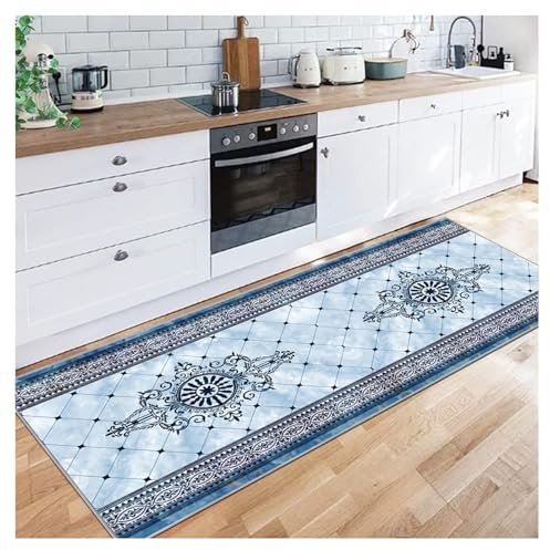 Tappeto lungo blu con motivo orientale, 80 x 270 cm, antiscivolo, lavabile, per corridoio, ingresso stretto, a pelo basso, protezione per pavimento da cucina, anticato, tappeto per corridoio ad alto