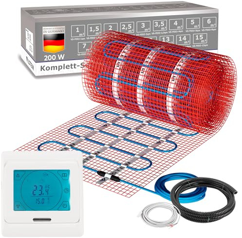 VILSTEIN Elektrische Fußbodenheizung 200W/m² – IP67 Turbo-Heizmatte | geeignet für Fliesenboden, Laminat & mehr, Twin Technologie, 4mm dünn, Touchscreen-Thermostat 16A, Komplettset 13m²