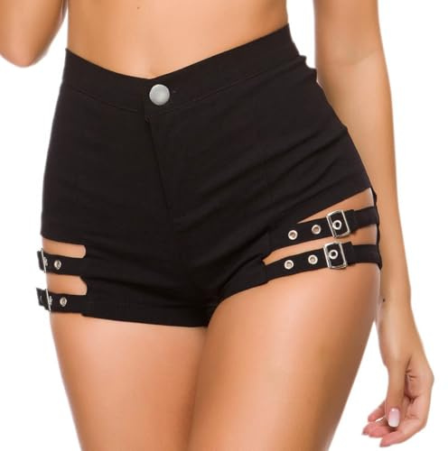 Schwarz Leder Shorts Damen Kurz Lederoptik Glanz PU Hose Push Up Kunstleder Hotpants Cut Out Ledershort Casual Party Outfits Sexy Clubwear