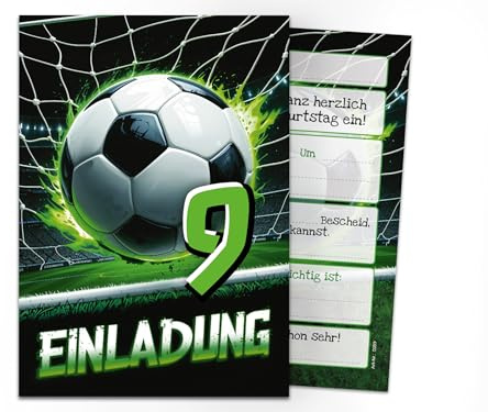 Junaversum 12 Einladungskarten zum 9. Kindergeburtstag Fußball Fussball Jungen Kinder coole bunte Einladungen neunte Geburtstag Geburtstagseinladungen Kids