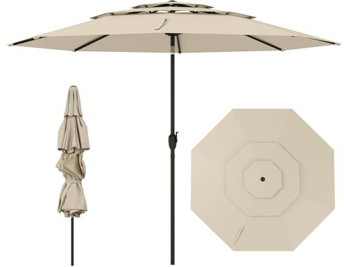 COSTWAY 3M 3-Tier Garden Parasol, Heavy Duty 8-Ribs Patio Umbrella with Crank Handle & Tilt Function, Outdoor UV Protective Canopy Sun Shade for Beach Poolside (Beige, 295 x 295 x 245cm)