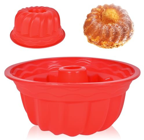 Marjoramy Molde Savarin de Silicona 23cm, Molde Donuts Antiadherente y Versátil, Resistente a -40°C a 230°C, Moldes Reposteria para Pasteles, Muffins y Más, Freidora de Aire Compatible (Rojo)