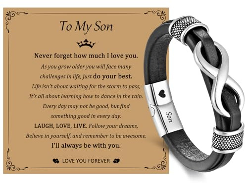 JSNOM Presenter till son läderarmband: Infinity handgjort flätat äkta läderarmband med smyckespresentförpackning och kort, examen jul födelsedagspresent till son, 9.0inch, Läder, Cubic Zirconia