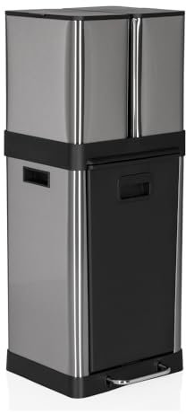 hjh OFFICE Cubo de Basura para Cocina, Sistema de separación de residuos 3 Compartimentos, 2X 6L + 1x 20L Clean 3 Cubo de Basura de Acero, Cubo Interior, 32 litros, Plateado