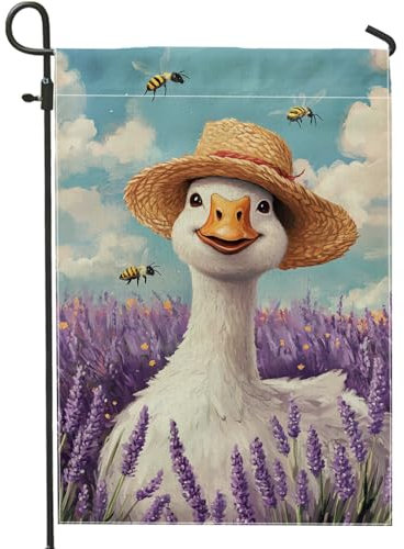 Gartenflagge für Frühling und Sommer, Lavendel, Gans, Strohhut, Vogel, Blumenmuster, Heimdekoration, Banner, doppelseitig, Barnyard Flagge, Outdoor, Rasen-Dekoration, 30,5 x 45,7 cm