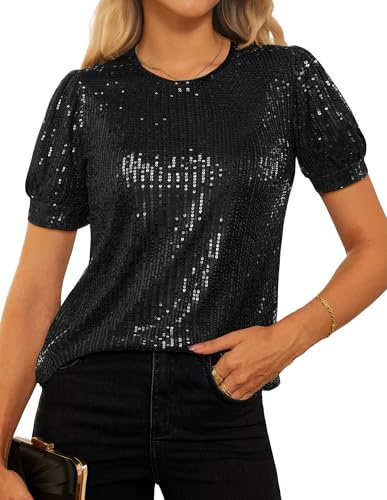 GRACE KARIN Damen Pailletten Glitzer Oberteil Party Festival Club | Rundhals,kurze Puffärmel,Elastisch,Pullover