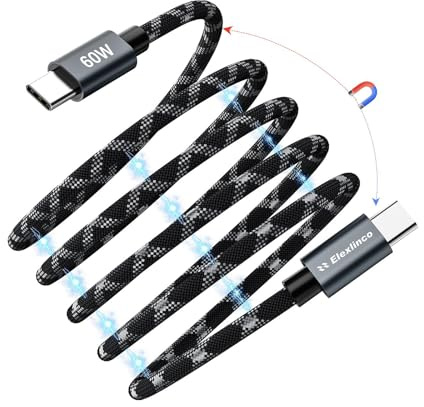 Elexlinco Magnetic USB C Charger Cable, 1M Retractable Coiled Fast Charging Cord, 60W USB C to Type C Charging Cable with Data Transfer Compatible with iPhone, Samsung Galaxy S24/A55, Macbook and More