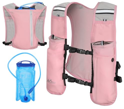 MoKo Running Hydration Vest, Lightweight Running Backpack with 1.5L Water Bladder, Adjustable Breathable Water Vest for Men Women with Multiple Pockets for Cycling Hiking Marathon Climbing, Pink