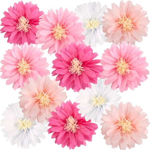 Easy Joy 12 Stück Papierblumen Pompons Deko,Rosa Gänseblümchen-PomPom Deko,Zimmer Deko Aesthetic,Papierblumen Zum Aufhängen für geburtstagsdeko mädchen Kindergeburtstag,Gartenparty,Geburtstagsdeko