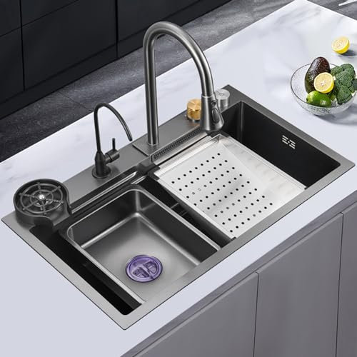 Évier de Cuisine Nano en Acier Inoxydable 304, évier Cascade Multifonction avec Robinet et bonde, Lave-Vaisselle, Montage encastré ou sous Plan (Couleur : Gris Canon, Dimensions : 68 x 45 x