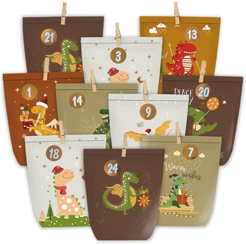 KOHMUI Adventskalender zum Befüllen, 24 DIY Adventstüten zum Selber Basteln, Dinosaurier Papiertüten zum Selbstbefüllen, Weihnachtskalender mit Zahlen Aufkleber