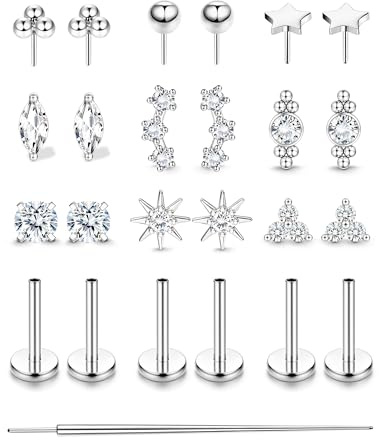 Roheafer Surgical Steel Tragus Piercing Jewellery Silver Threadless Flat Back Earrings Push in Nose Studs Conch Daith Piercing 20G