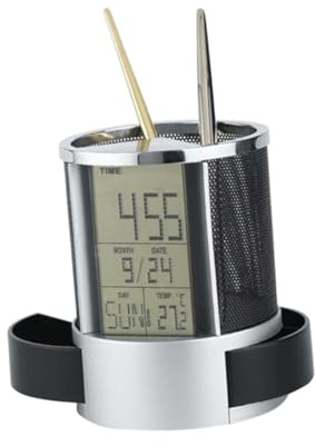 TOGEVAL Multifunction Clock Pen Holder with Digital Calendar Temperature Display and Storage Metal Mesh Pencil Organizer for Home Office Desk