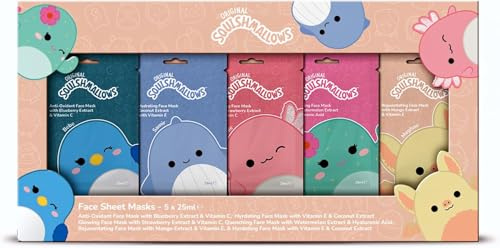 Squishmallows Face Sheet Mask Set – 5 Pack - Coconut, Strawberry, Mango, Blueberry & Watermelon. Fun Sleepover, Girls Night & Pajama Party
